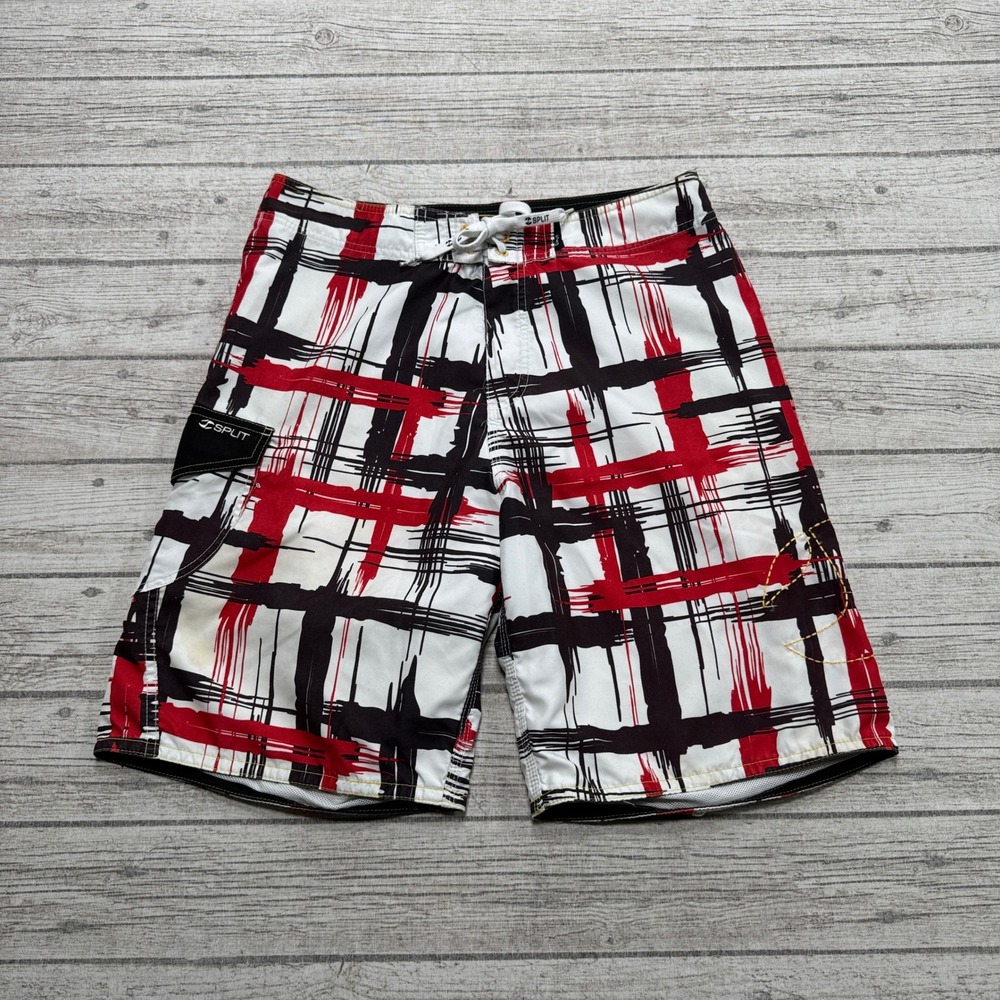 Split Board Shorts Men's 32 Red Black White Abstract Athletic Mesh Lined Surfer